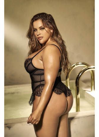 Body noir grande taille en résille et dentelle - MAL8707XBLK